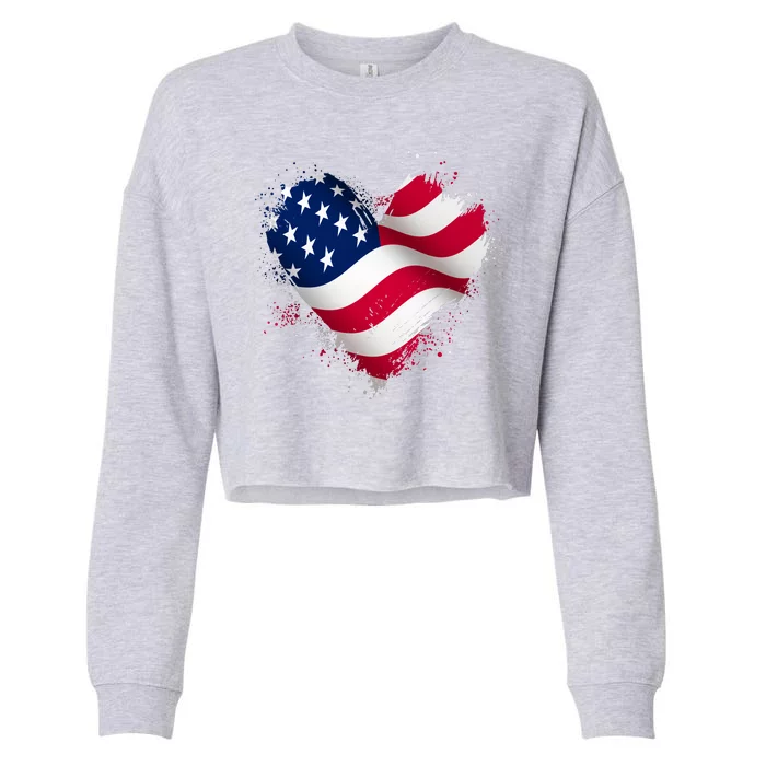 Patriotic Usa American Flag Heart Cropped Pullover Crew