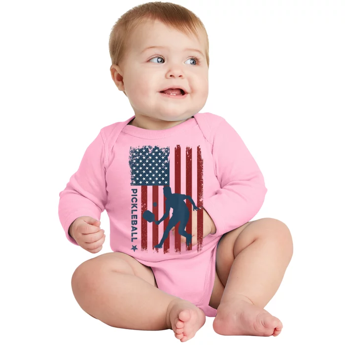 Pickleball Usa American Flag Pickle Ball Player Baby Long Sleeve Bodysuit