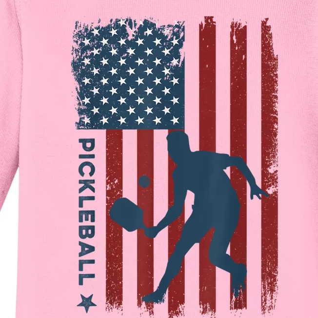 Pickleball Usa American Flag Pickle Ball Player Baby Long Sleeve Bodysuit