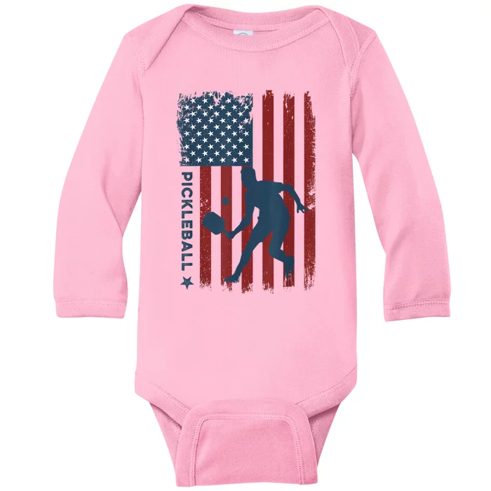 Pickleball Usa American Flag Pickle Ball Player Baby Long Sleeve Bodysuit