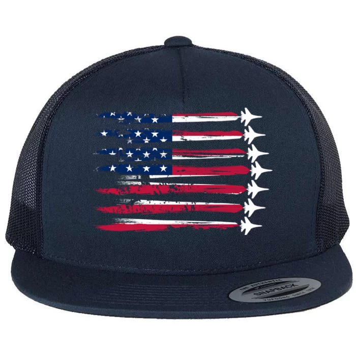 Patriotic USA American Flag Air Show Jets Flat Bill Trucker Hat