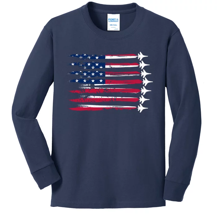 Patriotic USA American Flag Air Show Jets Kids Long Sleeve Shirt