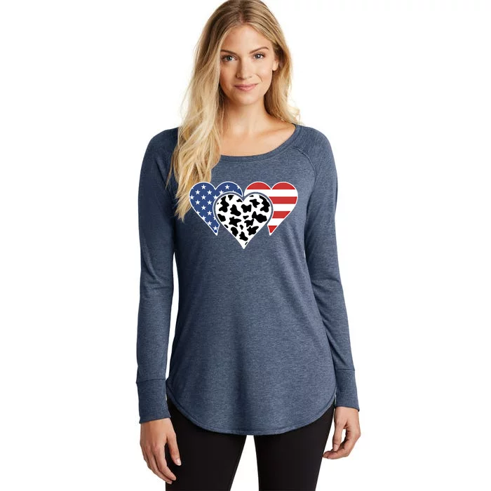 Patriotic Usa American Flag Heart Love Cow Print Us Flag Meaningful Gift Women's Perfect Tri Tunic Long Sleeve Shirt