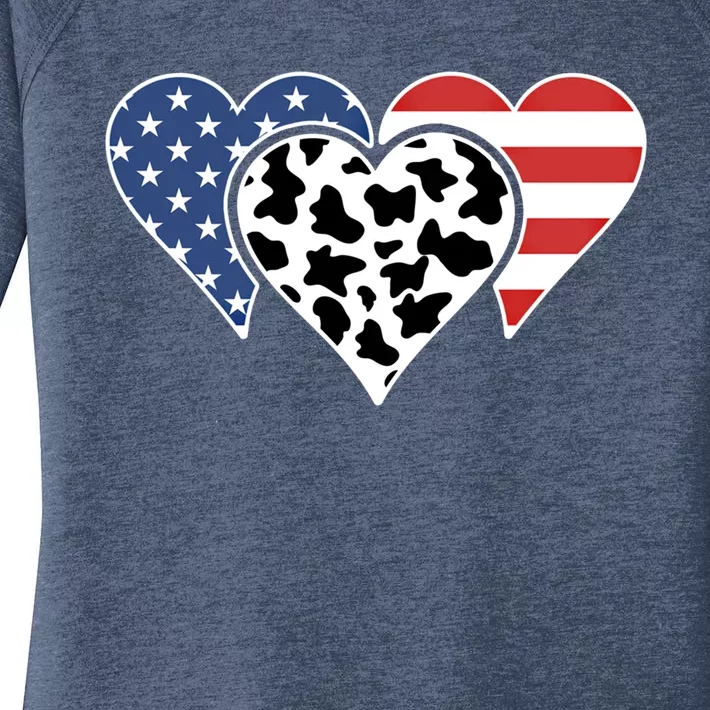 Patriotic Usa American Flag Heart Love Cow Print Us Flag Meaningful Gift Women's Perfect Tri Tunic Long Sleeve Shirt