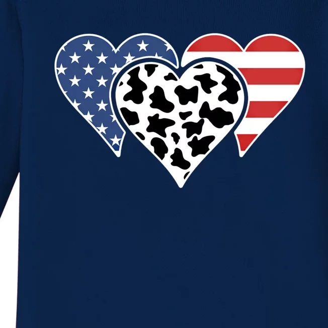 Patriotic Usa American Flag Heart Love Cow Print Us Flag Meaningful Gift Baby Long Sleeve Bodysuit