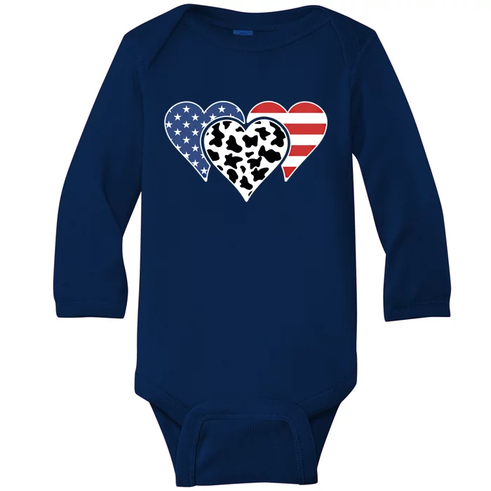 Patriotic Usa American Flag Heart Love Cow Print Us Flag Meaningful Gift Baby Long Sleeve Bodysuit