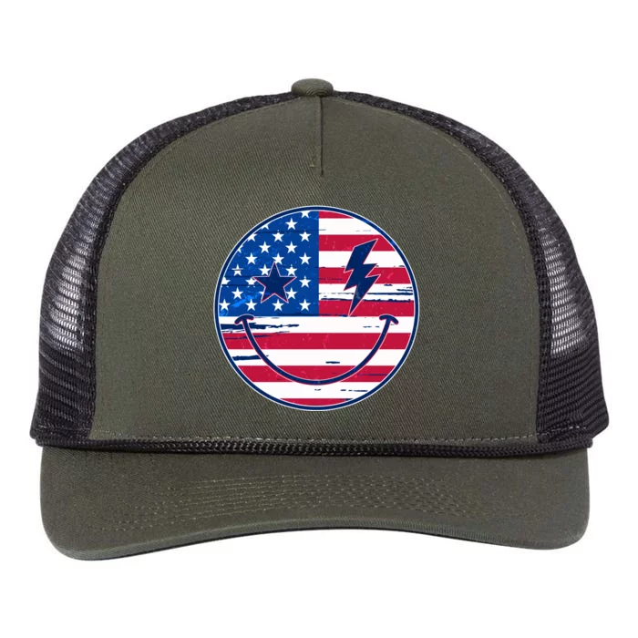 Patriotic USA American Flag Smiley Emoji Retro Rope Trucker Hat Cap