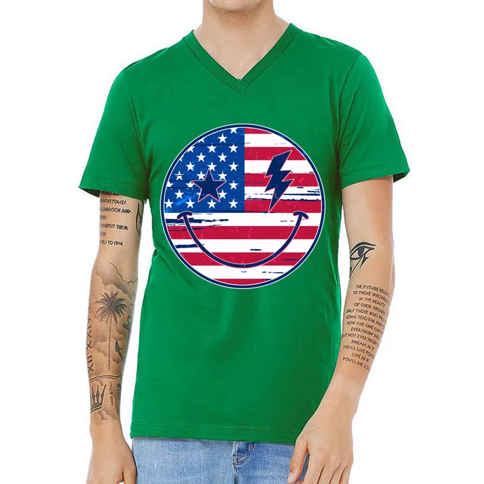 Patriotic USA American Flag Smiley Emoji V-Neck T-Shirt