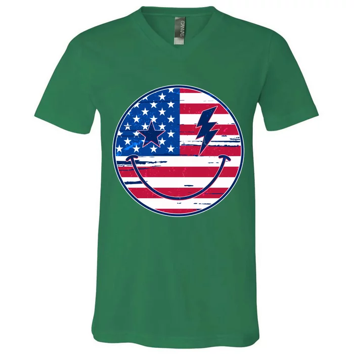 Patriotic USA American Flag Smiley Emoji V-Neck T-Shirt