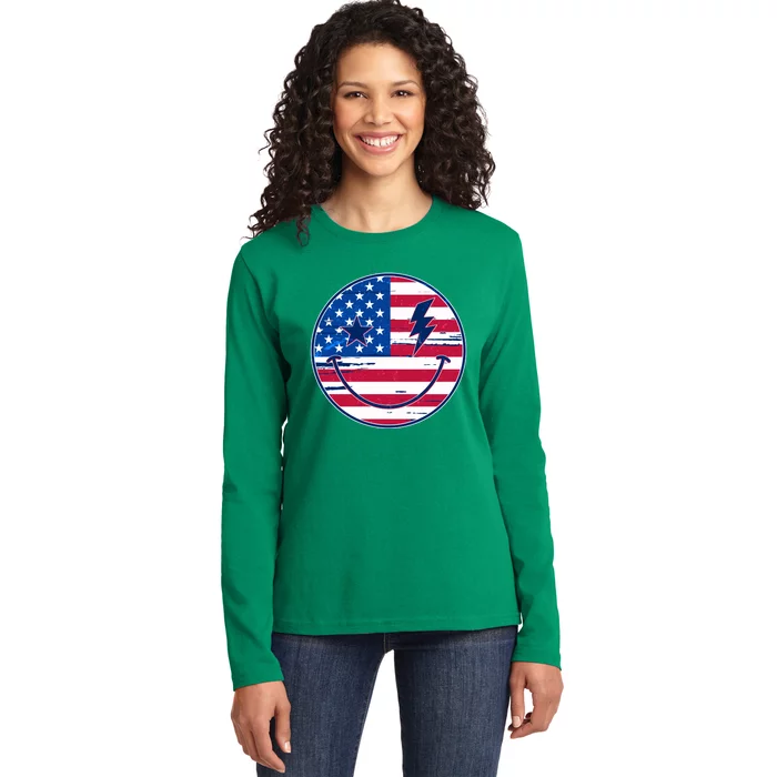 Patriotic USA American Flag Smiley Emoji Ladies Long Sleeve Shirt