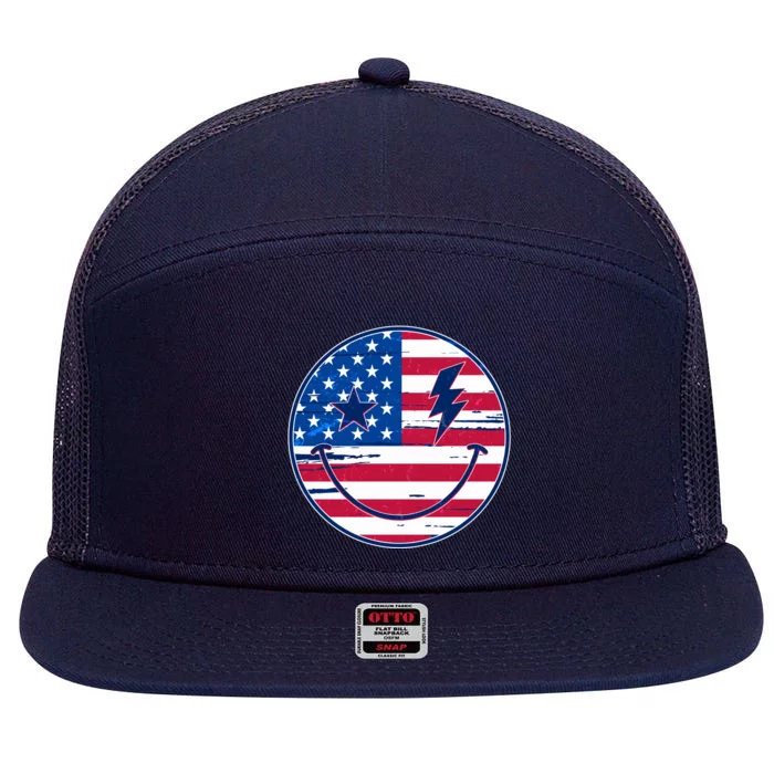 Patriotic USA American Flag Smiley Emoji 7 Panel Mesh Trucker Snapback Hat