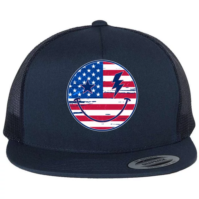 Patriotic USA American Flag Smiley Emoji Flat Bill Trucker Hat