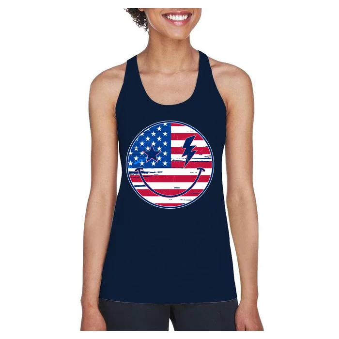 Patriotic USA American Flag Smiley Emoji Women's Racerback Tank