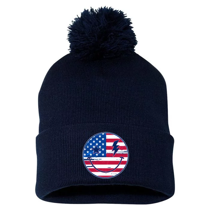 Patriotic USA American Flag Smiley Emoji Pom Pom 12in Knit Beanie