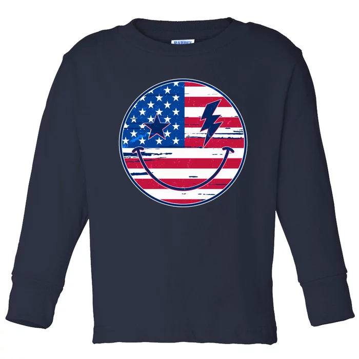 Patriotic USA American Flag Smiley Emoji Toddler Long Sleeve Shirt