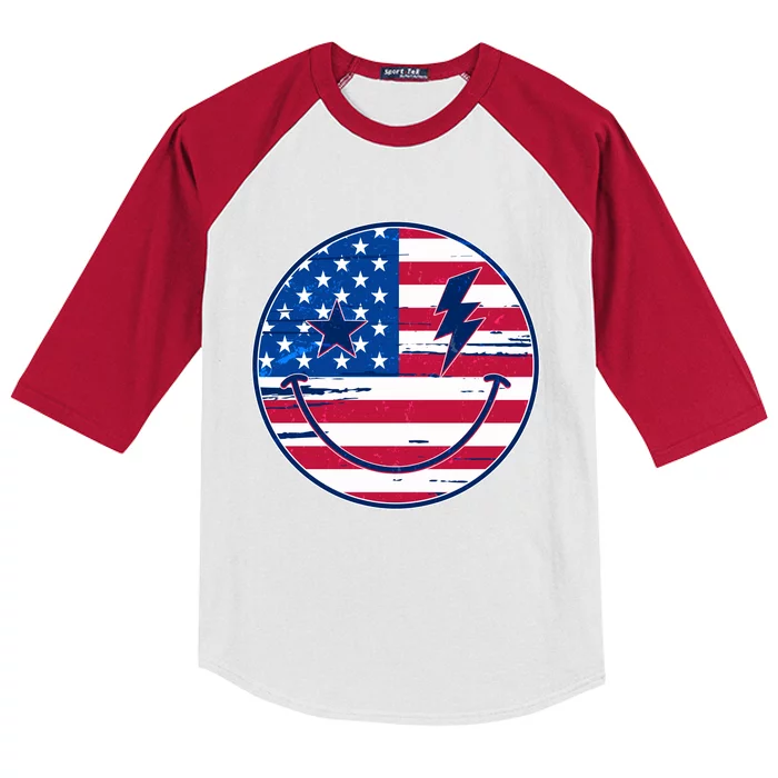 Patriotic USA American Flag Smiley Emoji Kids Colorblock Raglan Jersey