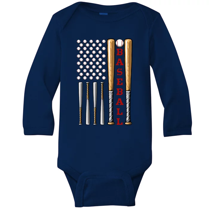 Patriotic Us American Baseball Flag Gift Vintage Baseball Flag Cute Gift Baby Long Sleeve Bodysuit