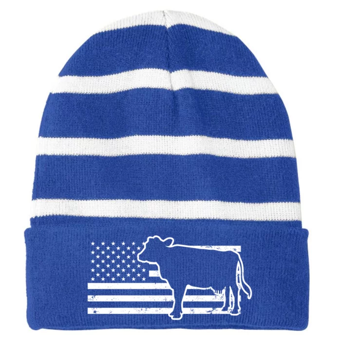 Patriotic Us American Cow Design Farmer Flag Gift Striped Beanie with Solid Band