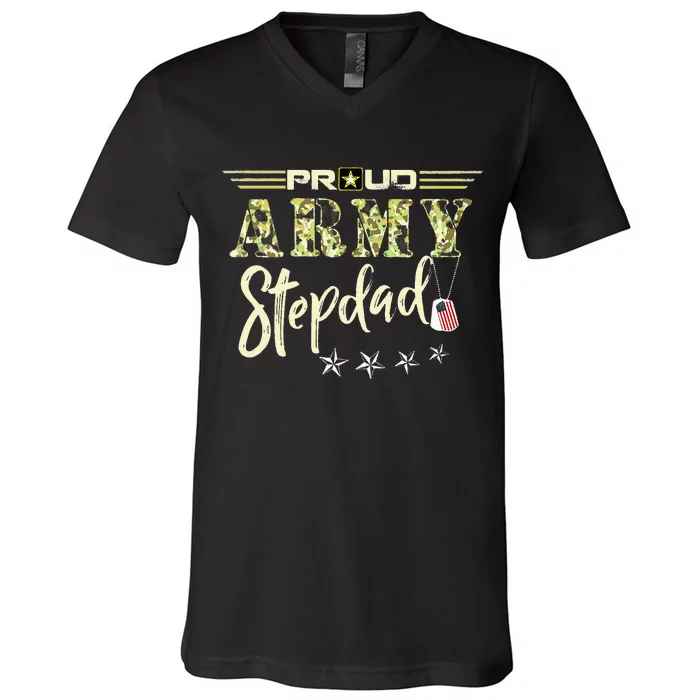 Proud US Army Stepdad Camouflage Military Pride V-Neck T-Shirt