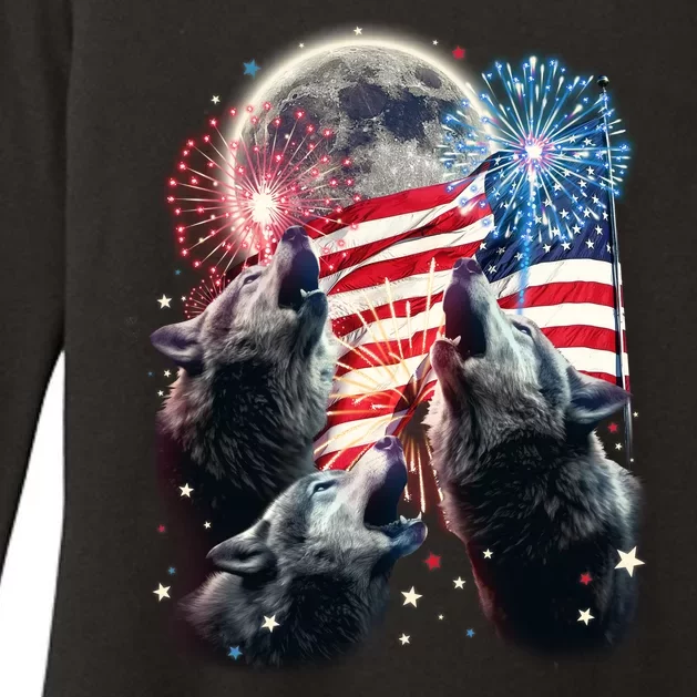 Patriotic Usa American Flag Three Wolves Moon Womens CVC Long Sleeve Shirt