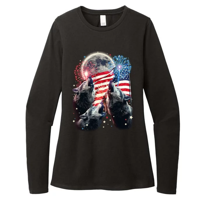 Patriotic Usa American Flag Three Wolves Moon Womens CVC Long Sleeve Shirt