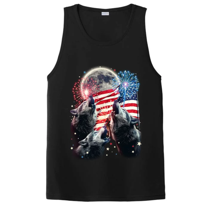 Patriotic Usa American Flag Three Wolves Moon Performance Tank