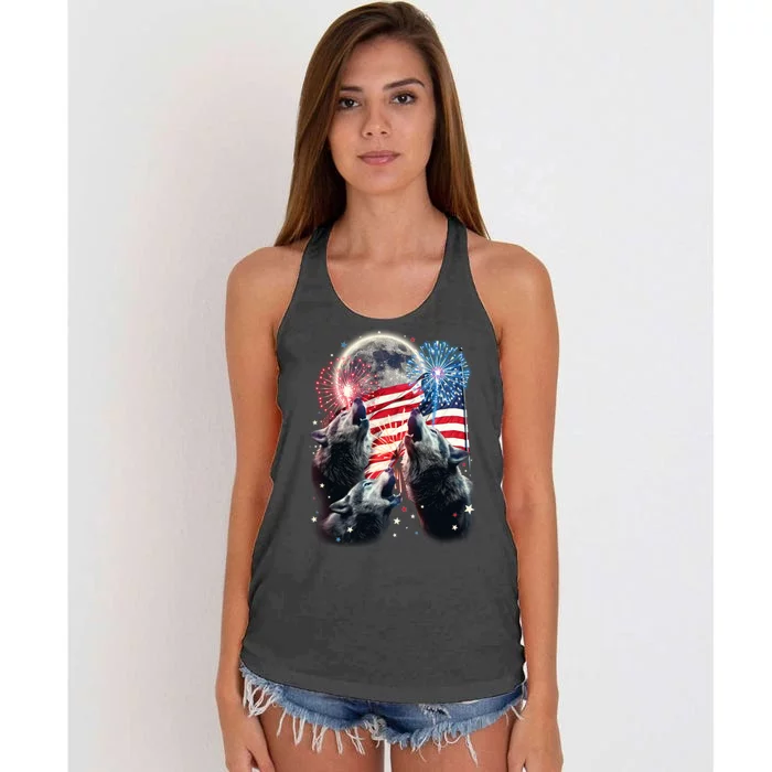 Patriotic Usa American Flag Three Wolves Moon Women's Knotted Racerback Tank