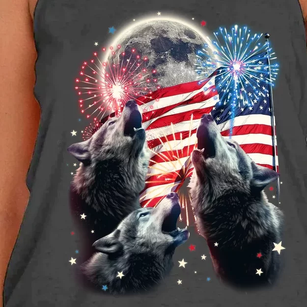 Patriotic Usa American Flag Three Wolves Moon Women's Knotted Racerback Tank