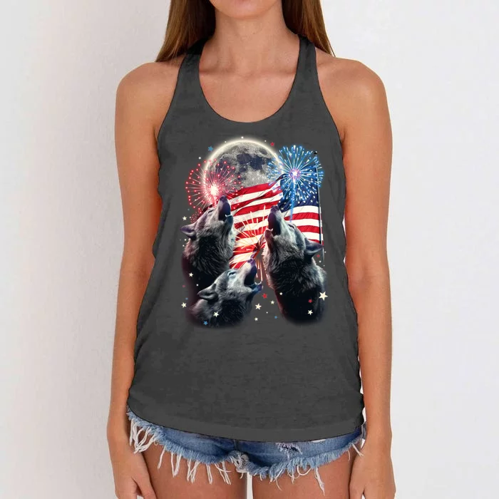 Patriotic Usa American Flag Three Wolves Moon Women's Knotted Racerback Tank