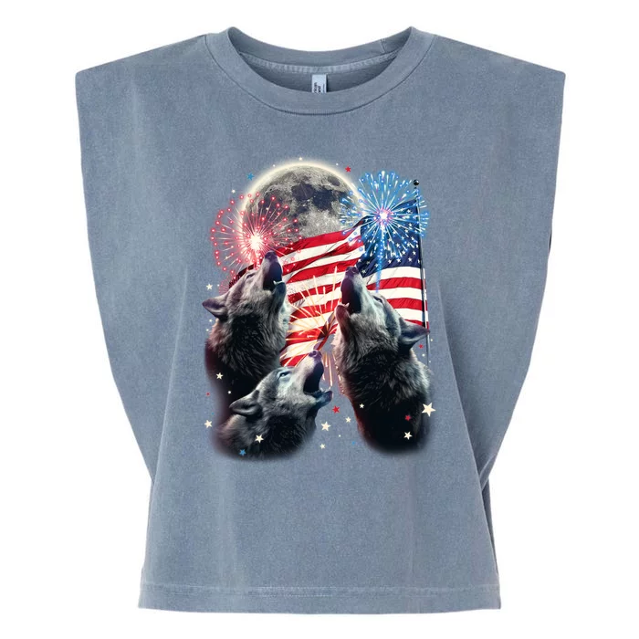 Patriotic Usa American Flag Three Wolves Moon Garment-Dyed Women's Muscle Tee