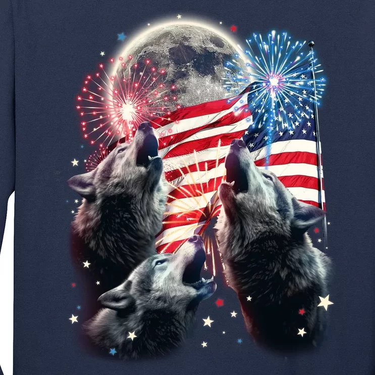 Patriotic Usa American Flag Three Wolves Moon Long Sleeve Shirt