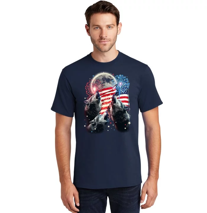 Patriotic Usa American Flag Three Wolves Moon Tall T-Shirt