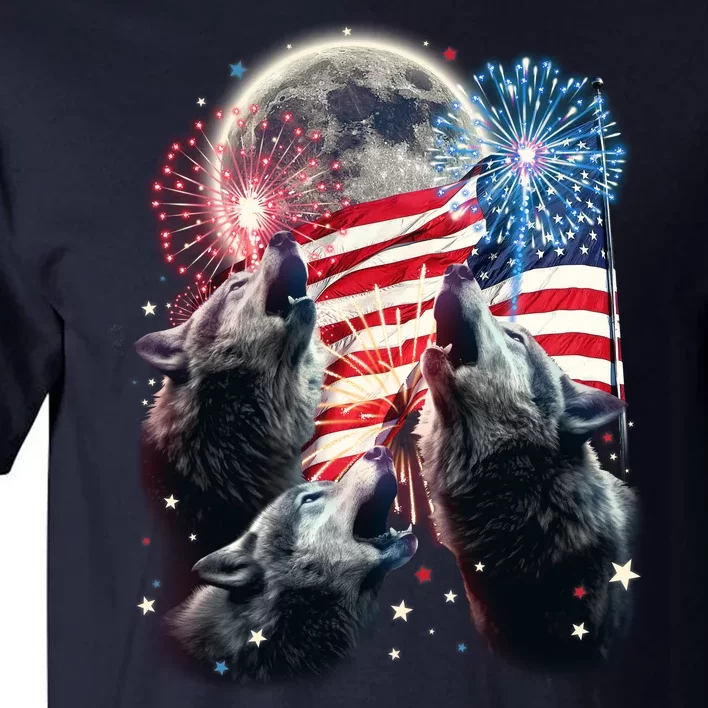 Patriotic Usa American Flag Three Wolves Moon Tall T-Shirt