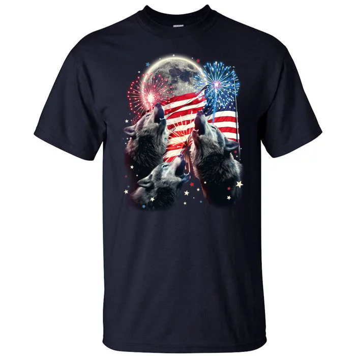 Patriotic Usa American Flag Three Wolves Moon Tall T-Shirt