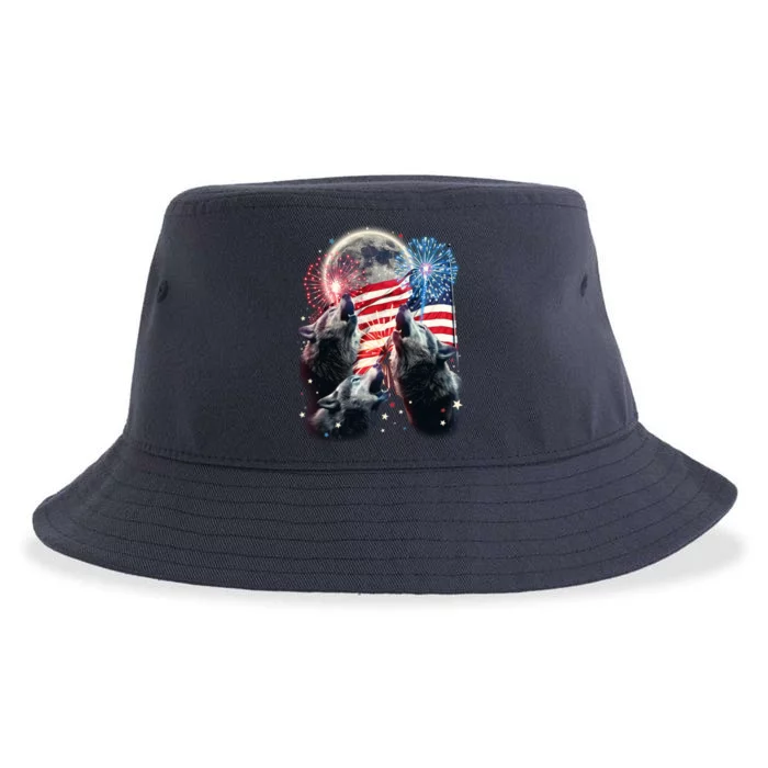 Patriotic Usa American Flag Three Wolves Moon Sustainable Bucket Hat