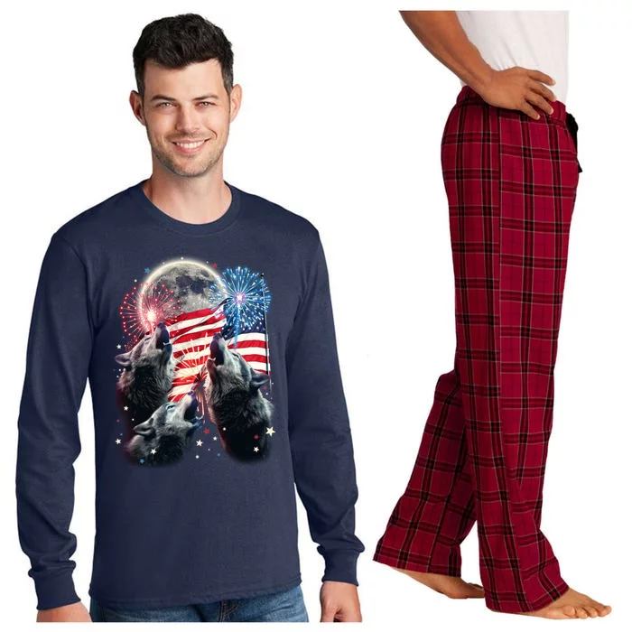 Patriotic Usa American Flag Three Wolves Moon Long Sleeve Pajama Set