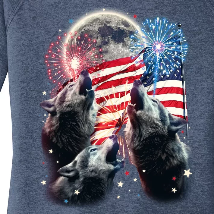 Patriotic Usa American Flag Three Wolves Moon Women's Perfect Tri Tunic Long Sleeve Shirt