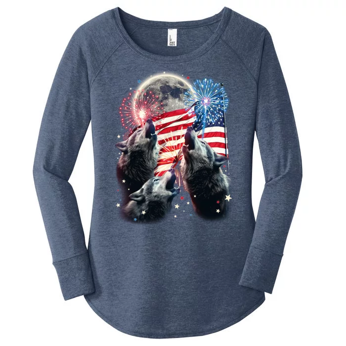 Patriotic Usa American Flag Three Wolves Moon Women's Perfect Tri Tunic Long Sleeve Shirt