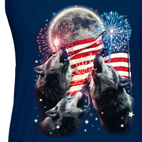 Patriotic Usa American Flag Three Wolves Moon Ladies Essential Flowy Tank