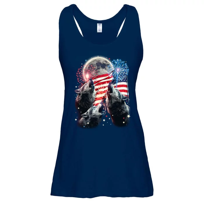 Patriotic Usa American Flag Three Wolves Moon Ladies Essential Flowy Tank