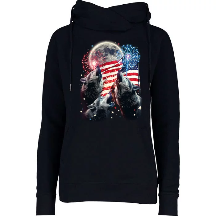 Patriotic Usa American Flag Three Wolves Moon Womens Funnel Neck Pullover Hood