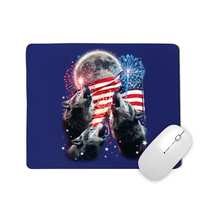 Patriotic Usa American Flag Three Wolves Moon Mousepad