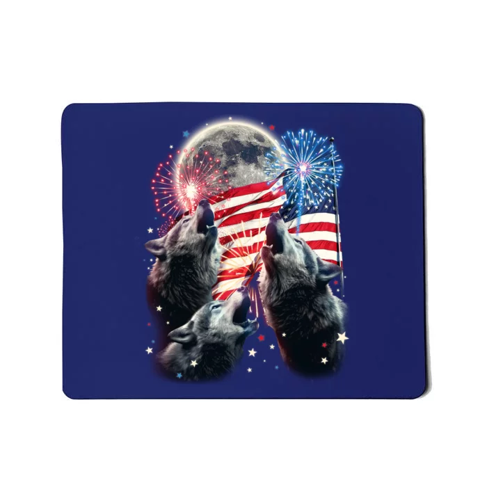 Patriotic Usa American Flag Three Wolves Moon Mousepad