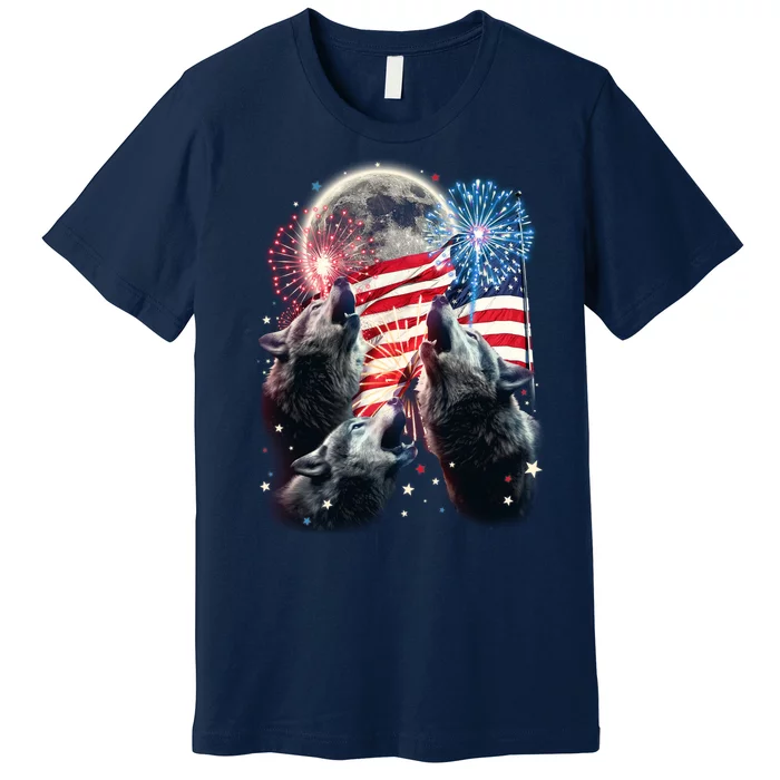 Patriotic Usa American Flag Three Wolves Moon Premium T-Shirt