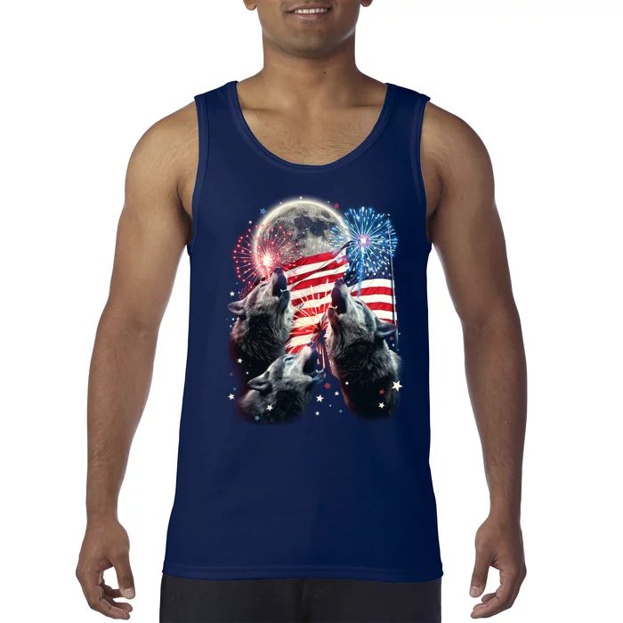 Patriotic Usa American Flag Three Wolves Moon Tank Top