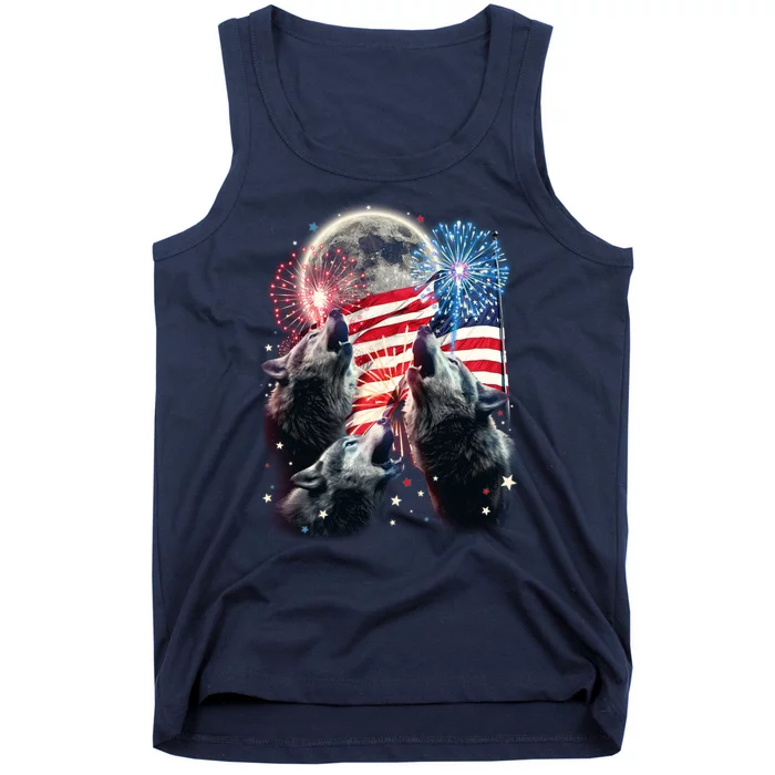 Patriotic Usa American Flag Three Wolves Moon Tank Top