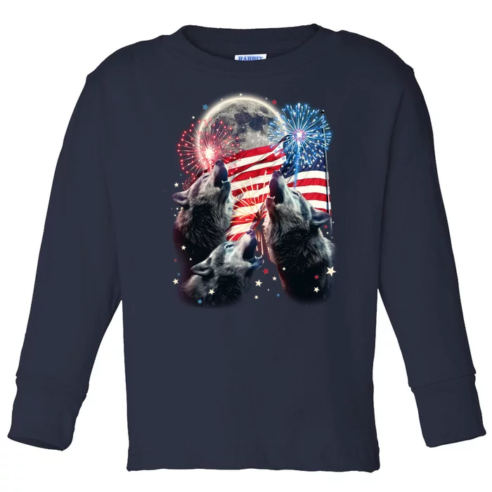 Patriotic Usa American Flag Three Wolves Moon Toddler Long Sleeve Shirt