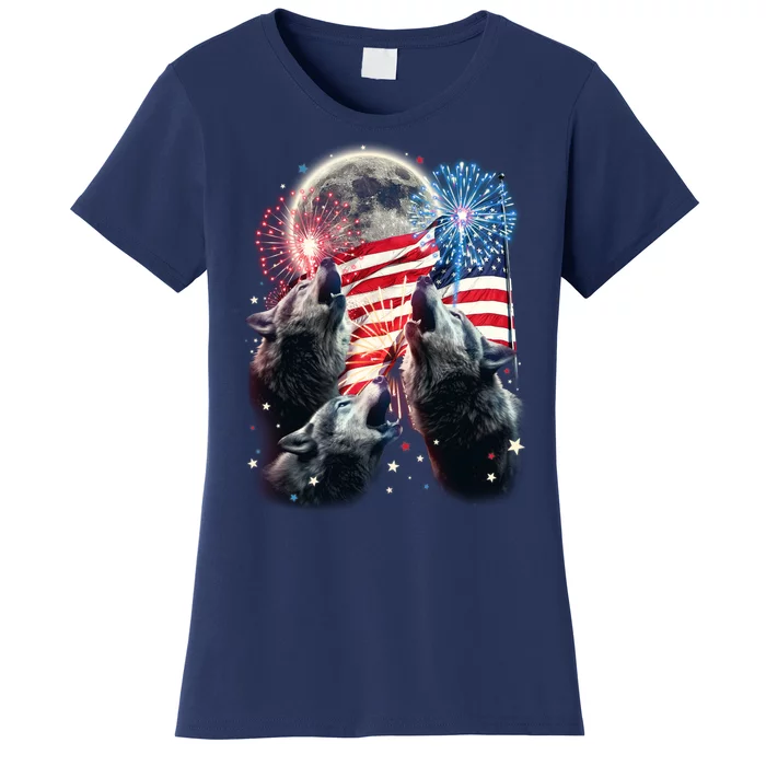 Patriotic Usa American Flag Three Wolves Moon Women's T-Shirt