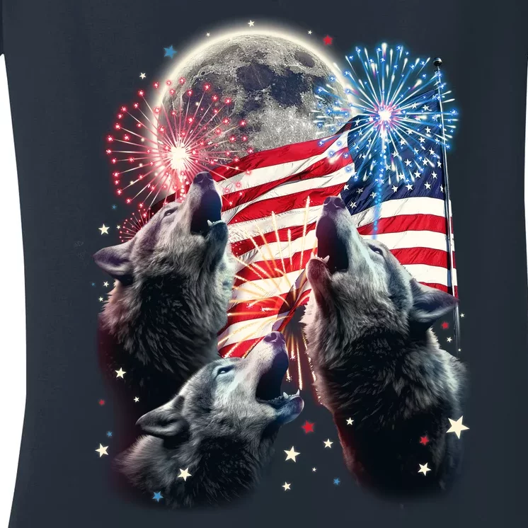 Patriotic Usa American Flag Three Wolves Moon Women's V-Neck T-Shirt