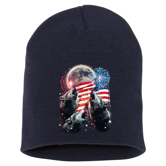 Patriotic Usa American Flag Three Wolves Moon Short Acrylic Beanie